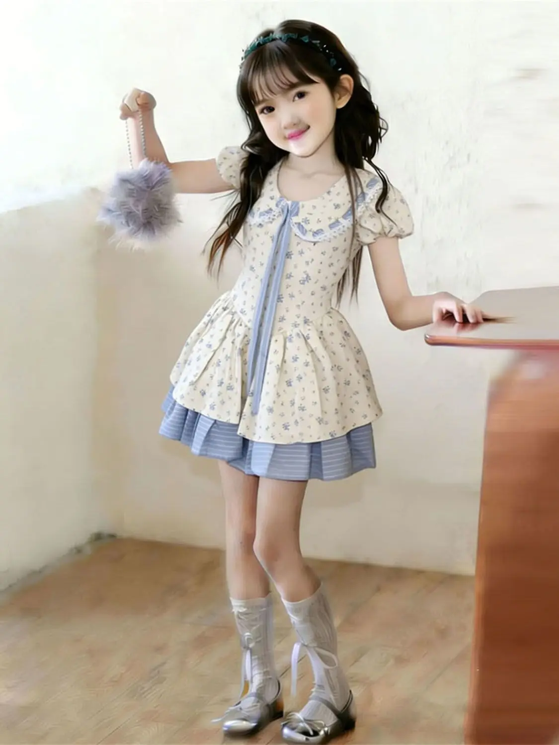 

French girl 2026 summer new sweet floral lace doll collar dress with waist cinching princess skirt