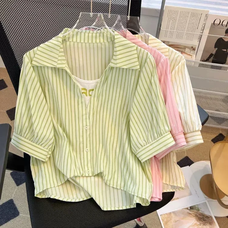 

Faionable Striped ort Sve Chiffon irt Женский летний топ с корейским воротником и пуговицами Свободный крой из полиэстера ...