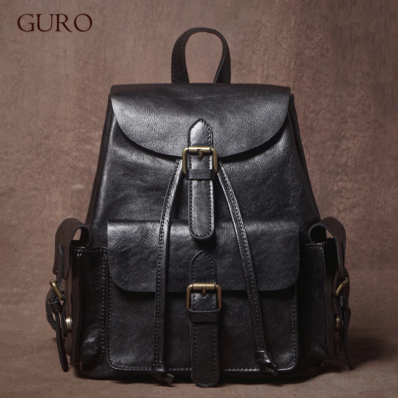

GURO High Quality Cowhide Backpack Women's Vintage Trend Weekend Travel knapsack Deluxe Design Genuine Leather Girls School Bags