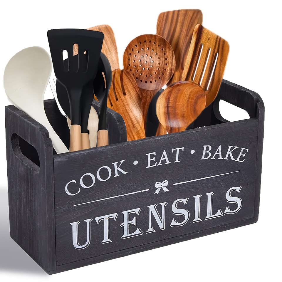  Large Rustic Wooden Kitchen Utensil Holder with 3 Compartments Wall Mountable Organizer for Cooking Tools 