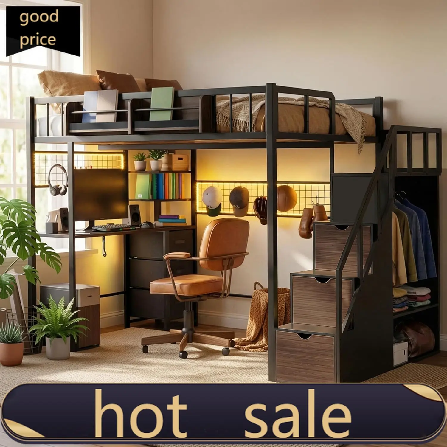 Kikihouse Twin Loft Bed with Desk, Storage Stairs & Wardrobe, Metal Loft Bed Frame w/Headboard, Bedside Shelf, Charging Station