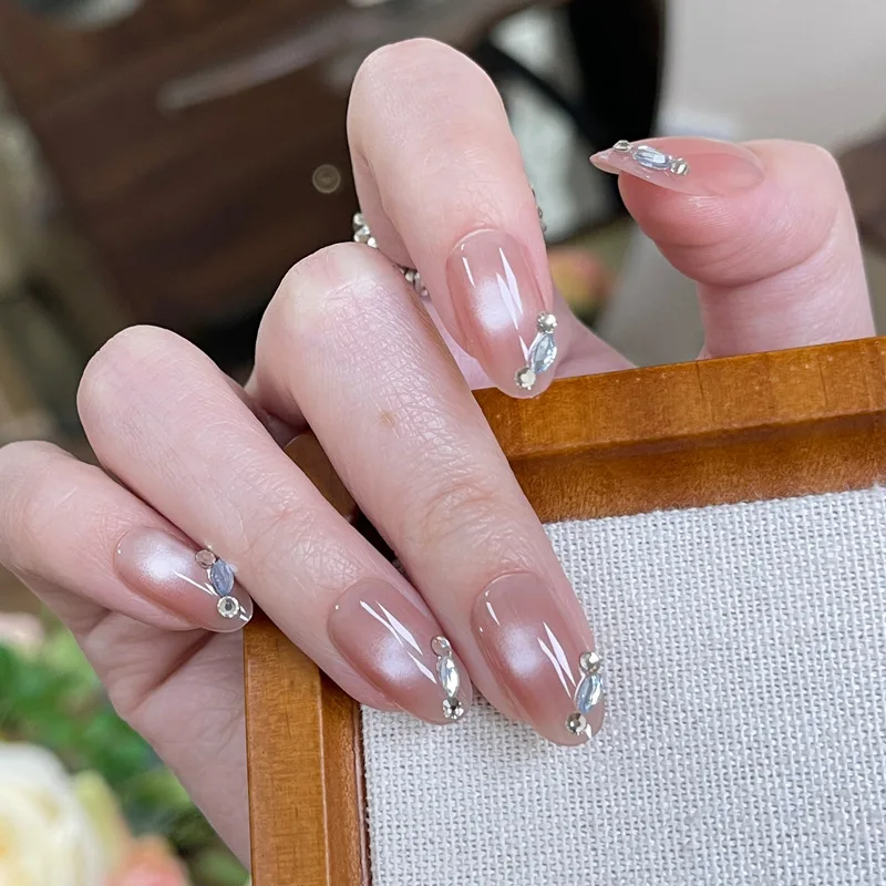 24PCS Ins French Style Press on Fake Nails Peachy Gradient Pure Color Blush Cat Eye Short Oval with Design