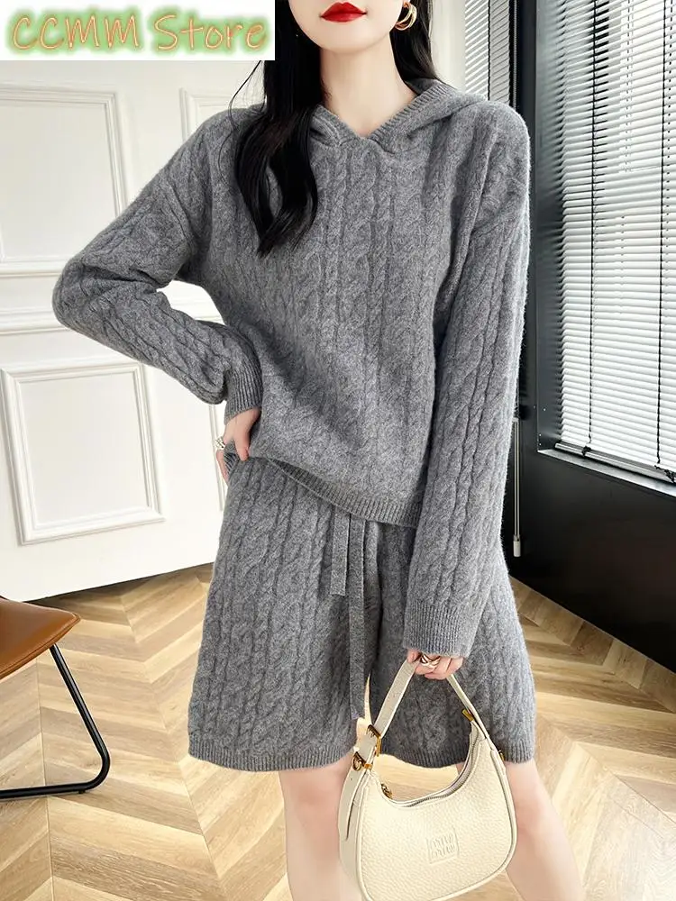 High Quality Suit Spring Autumn Pure Wool Knitted Hoodie Women's Pullover Sweater And Short Pants Two-Piece Female Clothing