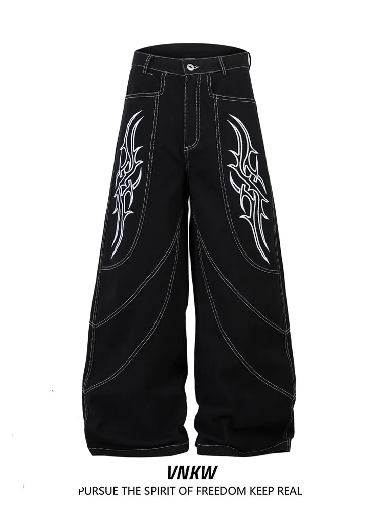 

Мужские джинсы с тяжелой вышивкой, свободного кроя, в стиле деструкшен, широкие штанины, универсальные, износостойкие, из хлопка