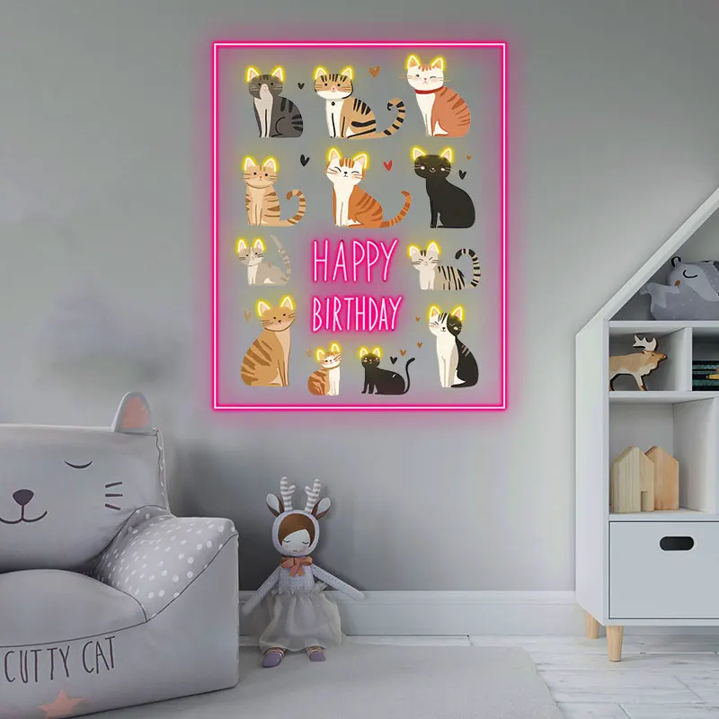 Cartoon Cats Happy Birthday Neon Sign, Cute Birthday Gift for Cat Lovers, Animal Art Wall Light, Birthday Gift for Bedroom Decor