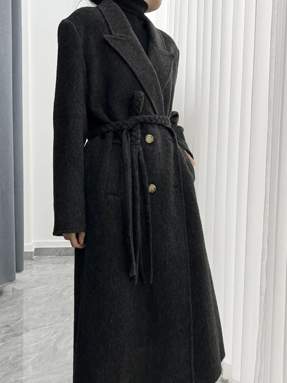 2024 New High-End Wool Woven Belt Suit Collar Double-sided Woolen Coat Women Winter New Elegant Wool Loose Slim Long Coats