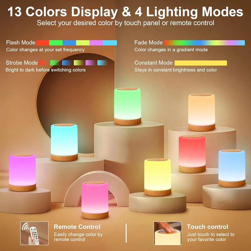 ¡CALIENTE! Luz nocturna para niños para dormitorio, lámpara LED táctil para mesita de noche con Control remoto, cambio de 13 colores, lámpara portátil recargable por USB