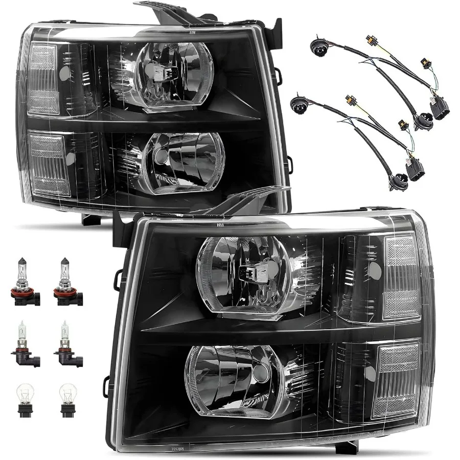 مجموعة المصابيح الأمامية مع جميع المصابيح والأسلاك المتوافقة مع 2007 2008 2009 2010 2011 2012 2013 تشيفي سيلفرادو 1500/2007-20