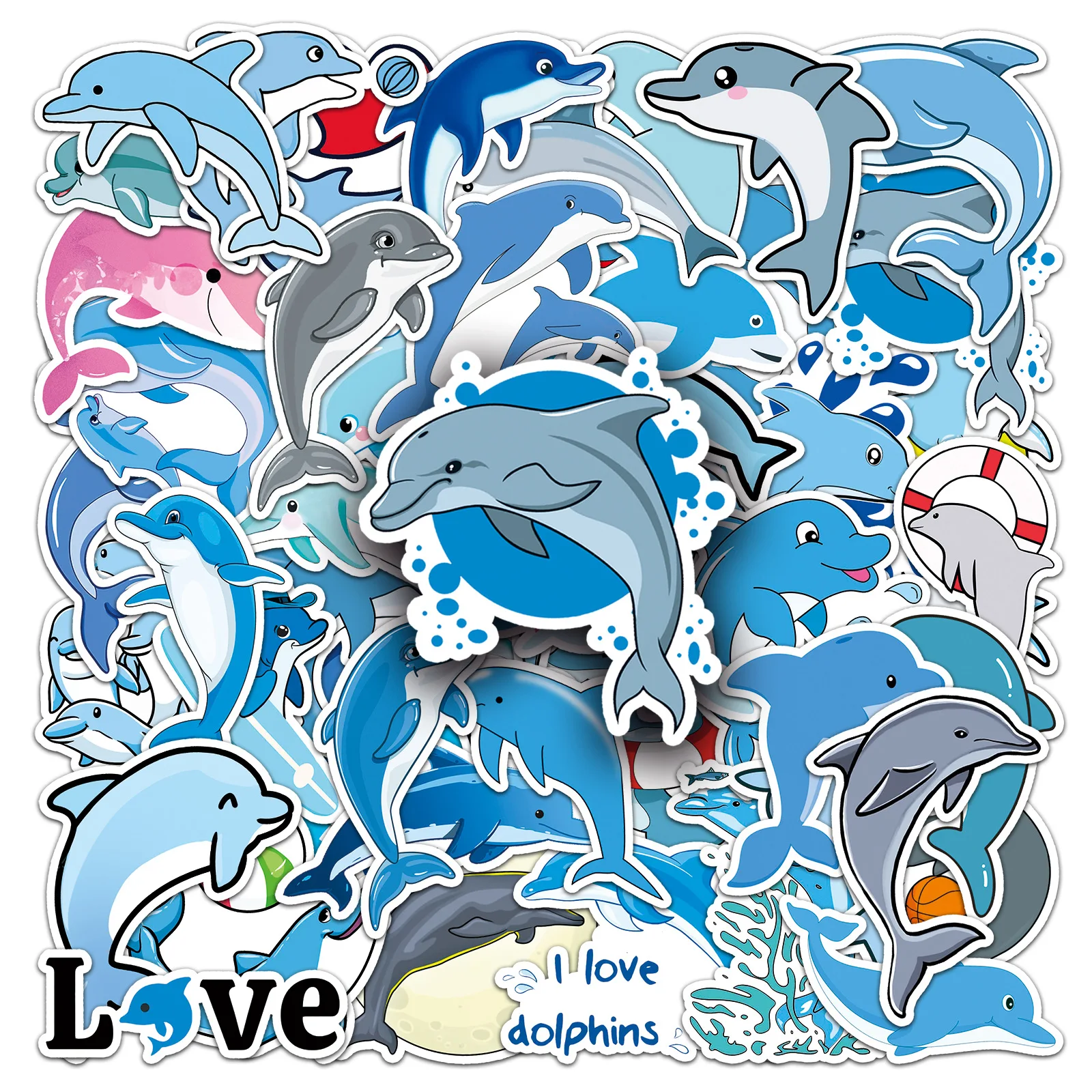 50Pcs Cartoon Dolphin Graffiti Stickers Marine Animal Waterproof Vinyl Decals for Skateboard Phone Luggage Laptop Water Bottle
