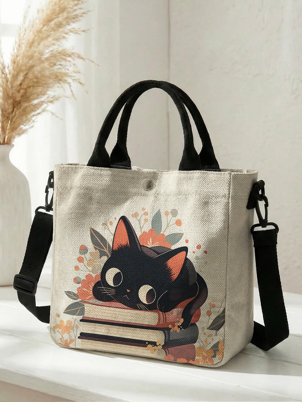 Cute Black Cat Stacked Book Floral Print Tote Bag Detachable Strap Crossbody Handbag For Women Daily Shopping