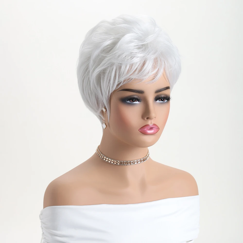 10 인치 합성 가발 여성용 천연 가발 짧은 곱슬 흰색 가발 일일 파티 크리스마스 할로윈 결혼식 내열성 머리카락