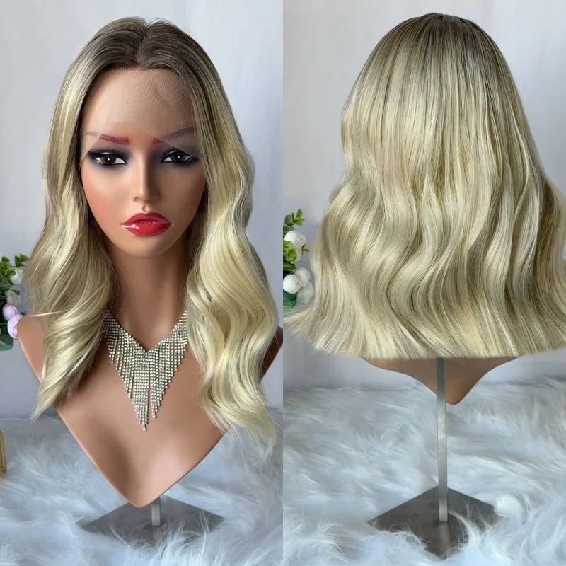 

High Quality Wig Ombre Ash Blonde Highlights Synthetic Lace Front Wig Preplucked Hairline Short Wave Bob Small/Large Size Cap