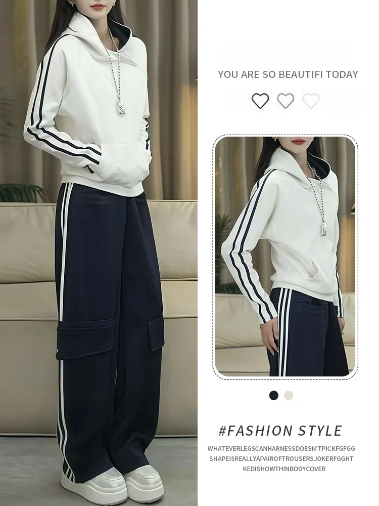 

Casual Sportswear Set Women's Spring New Wide Leg Hoodie Pants Two Piece Set Versatile Breathable ort Sve round Ne