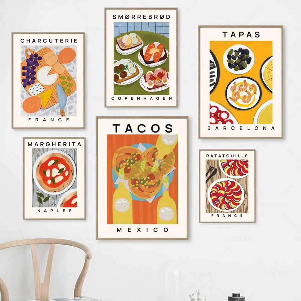Tacos Sandwich Pizza Tapas Canvas Poster Mexico French Danish Italy New York Spanish Food Print Modern Kitchen Home Wall Deco