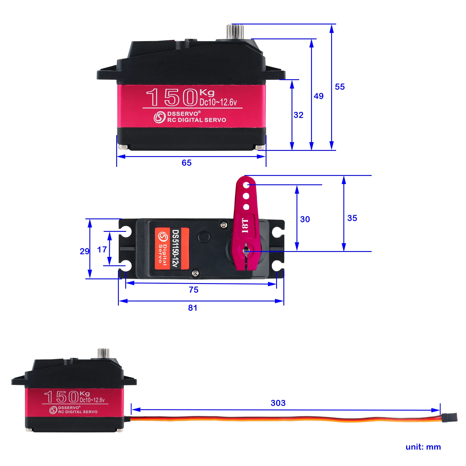 Ds51150 150Kg 12V Digitale Servo 180/270 Graad Ip66 Hoogspanning Met 18T Servo Arm Volledig Metalen Tandwiel Rc Servo Voor Rc Auto Robotachtig