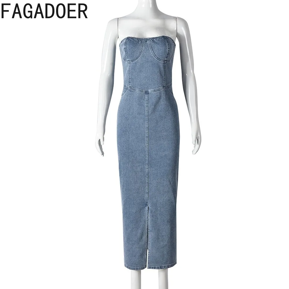 FAGADOER Spring New Off Shoulder Hollow Out Bandage Denim Tube Dresses Women Sleeveless Backless Slim Vestidos Female Clothing