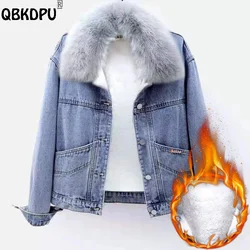 Jaquetas jeans com gola de pele sintética para mulheres, além de veludo, jaquetas jeans casuais quentes, carta grossa, azul, inverno