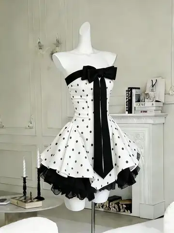 Sweet Vintage Butterfly Knot Waist Slimming Dress French Elegance Polka Dot Bridesmaid Dress for Women