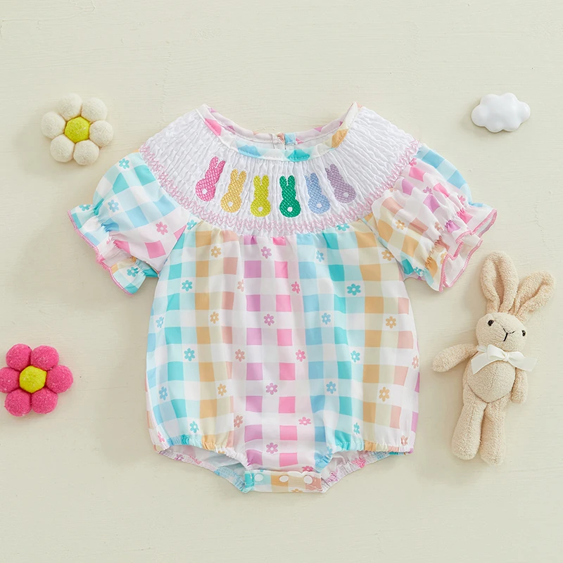 FOCUSNORM 0-18M Lovely Baby Girls Boys Easter Romper Short Sleeve Checkered Print Rabbit Embroidery Smocked Jumpsuits