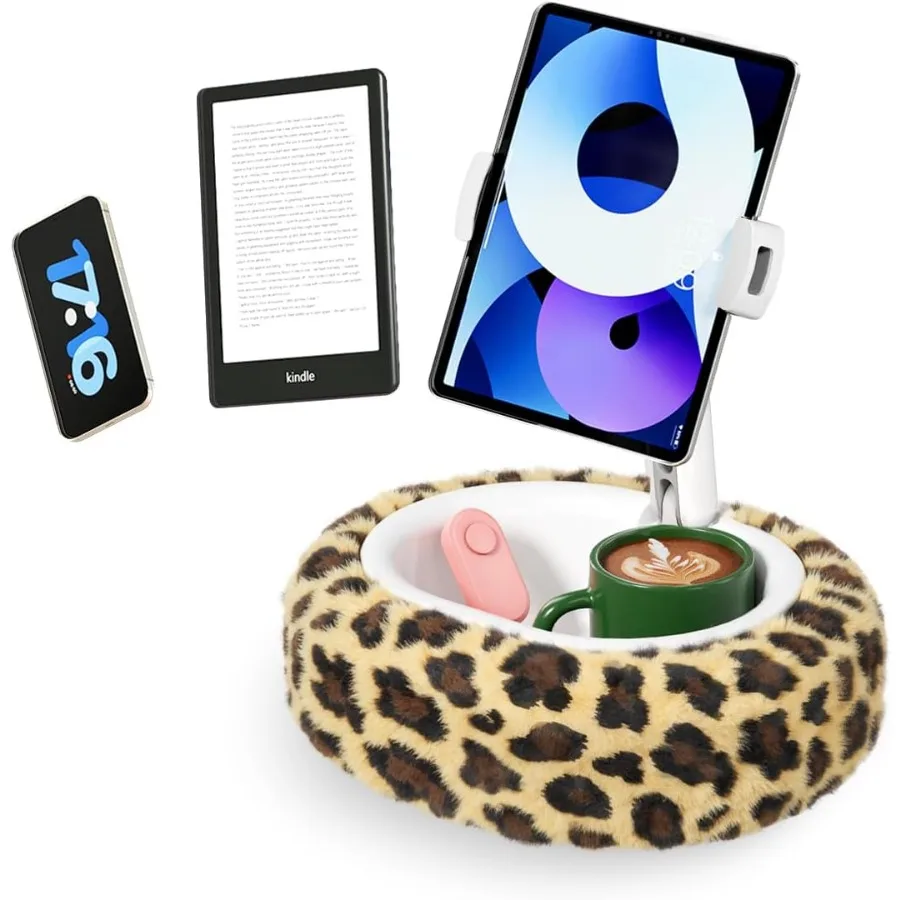 

Kindle Pillow Stand with Leopard Print Soft Tablet Holder with Snack Bowl Cup Holder Fuzzy HandsFree Stand for Bed Couch Compat