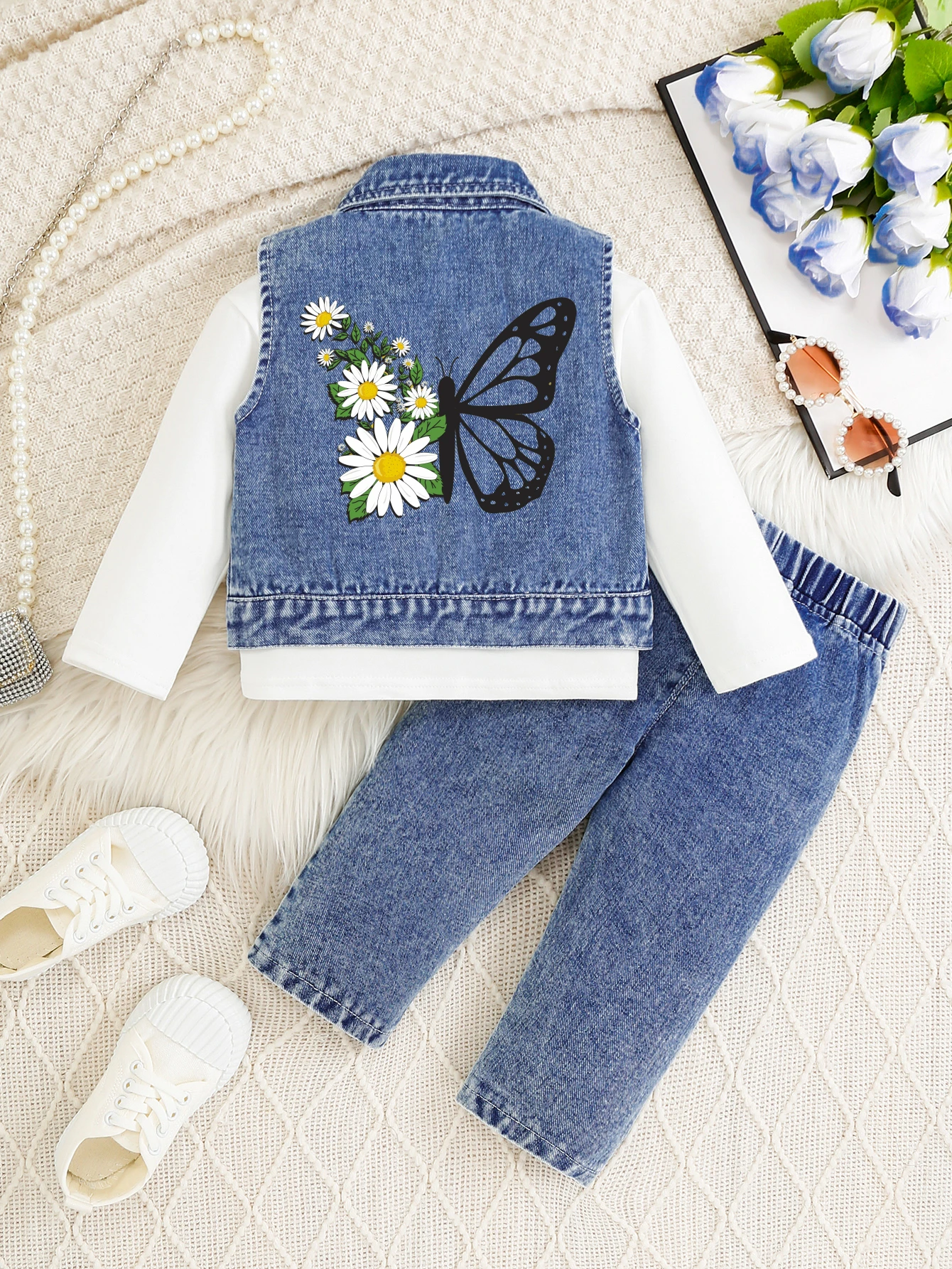 

Kids' Denim Casual Daisy Butterfly Print Stand Collar Vest Skin-friendly Inner Wear Elastic Waist Pants Comfortable Layering