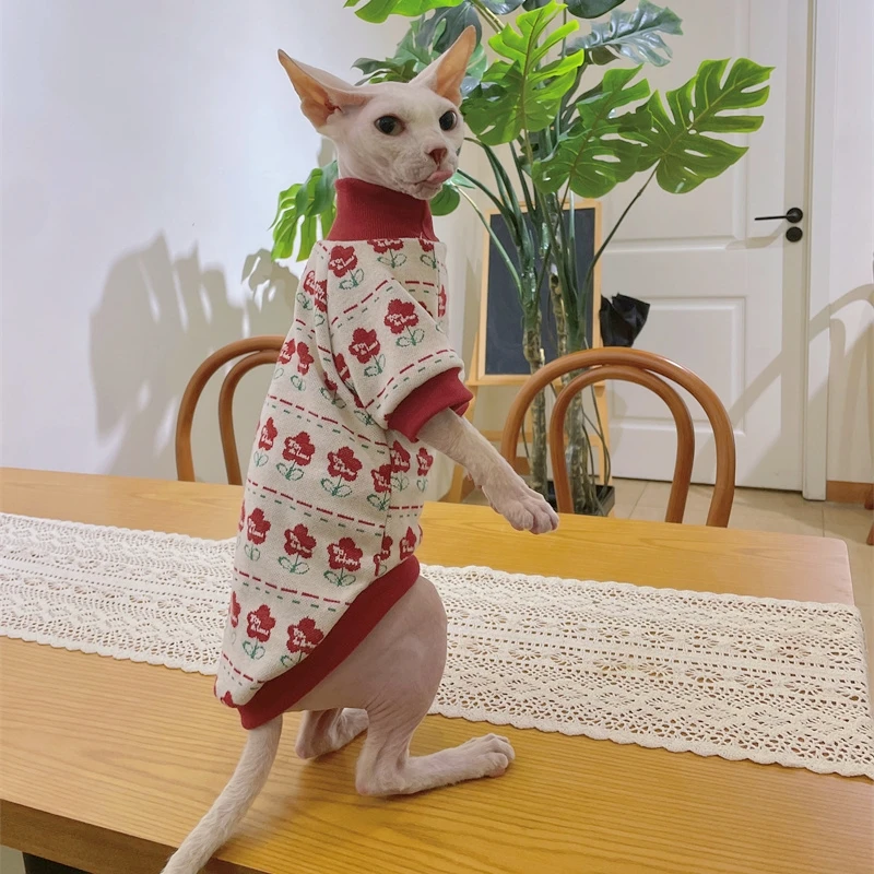 Soft Cotton Coat for Sphynx Cat Clothes Red Floral Sweatshirt in Spring for Kittens Sweet Costume Long Sleeves for Female Cats