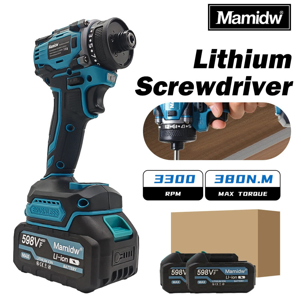 Bezszczotkowy wkrętak udarowy Mamidw, maksymalny moment obrotowy 380 Nm, prędkość 3300 obr./min, akumulatorowy elektryczny wkrętak udarowy o dużej mocy, ręczny wkrętak do mocowania śrub, montażu mebli