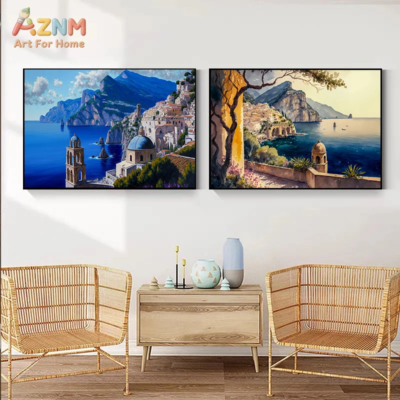 AZNM Watercolor Tuscany Vineyard Countryside Canvas Poster, Frameless Italian Rural Manor Scenery Wall Art For Rustic Farmhouse