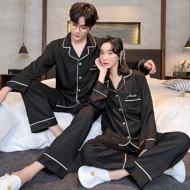 Women's spring and autumn long sleeve jacquard snow silk thin men's senior sense silk home dress