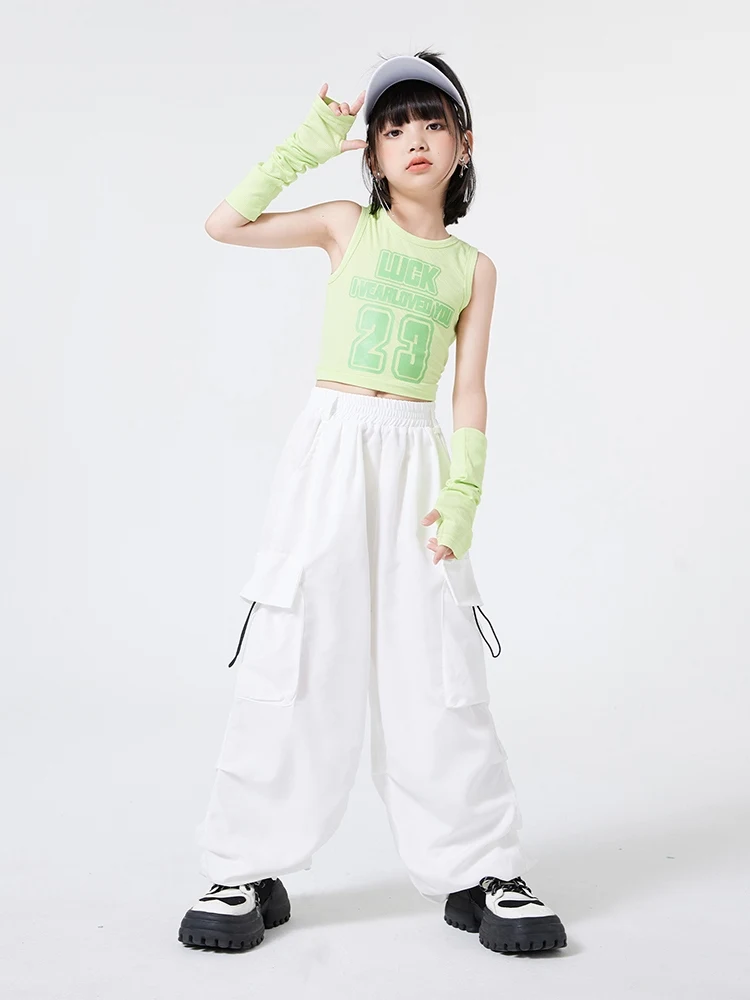 2024 Zomer Hiphop Meisjes Kleding Groen Vest Witte Cargobroek Kids Streetdance Practice Wear Modern Jazz Dance Kostuum Bl13317