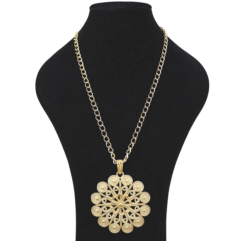 

ZXZ Matt Gold Fashion Metal Abstract Round Boho Spiral Flower Jewelry Charm Pendant Necklace on Long Link Chain Lagenlook