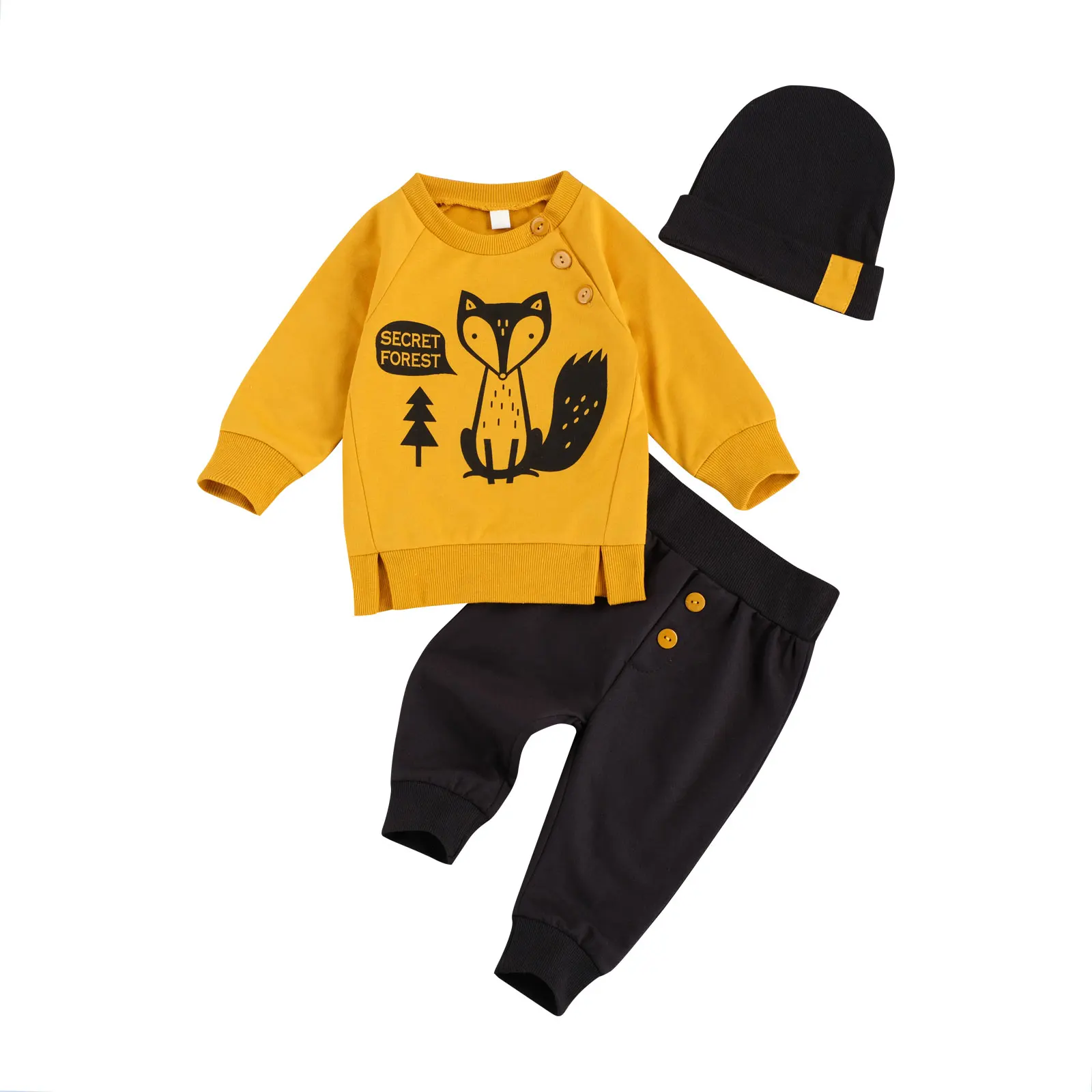 

Children Long Sleeves Long Pants Suit Newborn Boys Fox Printed Clothes Set Autumn Round Collar Outfits with Hat