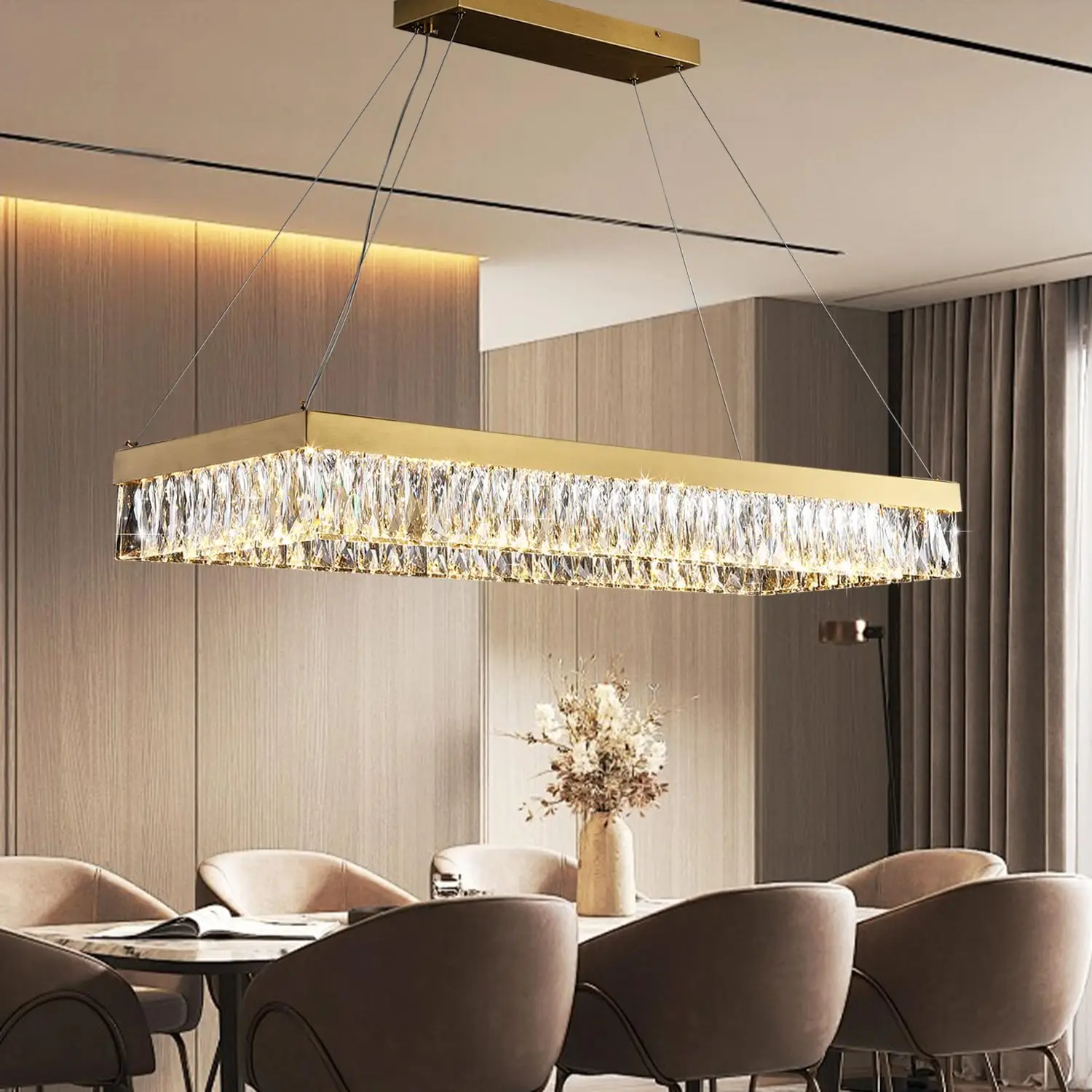 

Meerosee Modern Gold Luxury Crystal Chandelier Light Chrome L39/L47 Inch Contemporary Pendant Lamp for ‎Kitchen Living Room