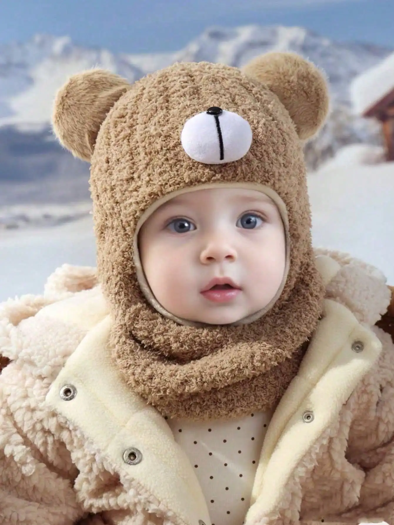 1Pcs 6-36M Little Boys Bear‑Ear Knitted Balaclava, Hat‑Scarf Integrated Wrap‑Around Kids Stylish Accessory