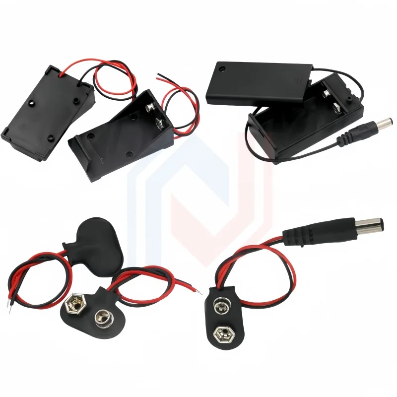 1pcs 9 Volt Box Pack Power Toggle Black 9V Battery Holder I/T Type Battery Clips Connector Buckle with ON/OFF Switch, DC5.5 Plug