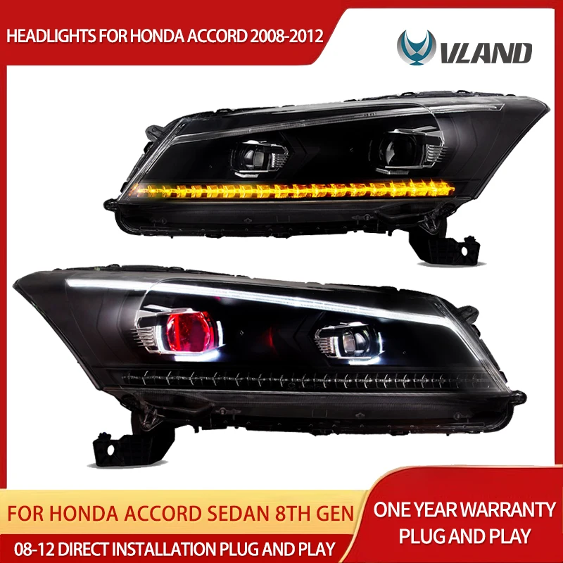 

08-12 Accord Sedan 8th Gen VLAND Projector Headlights Black LED DRL Sequential Turn Signal