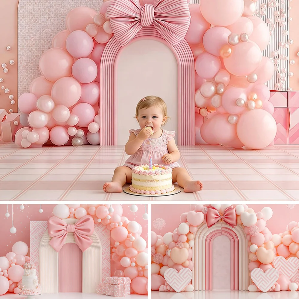 

Pink Bow Pearl Arch Photography Backdrop Kids 1st Birthday Party Decor Baby Shower Background Cake Smash Banner Photo Studio