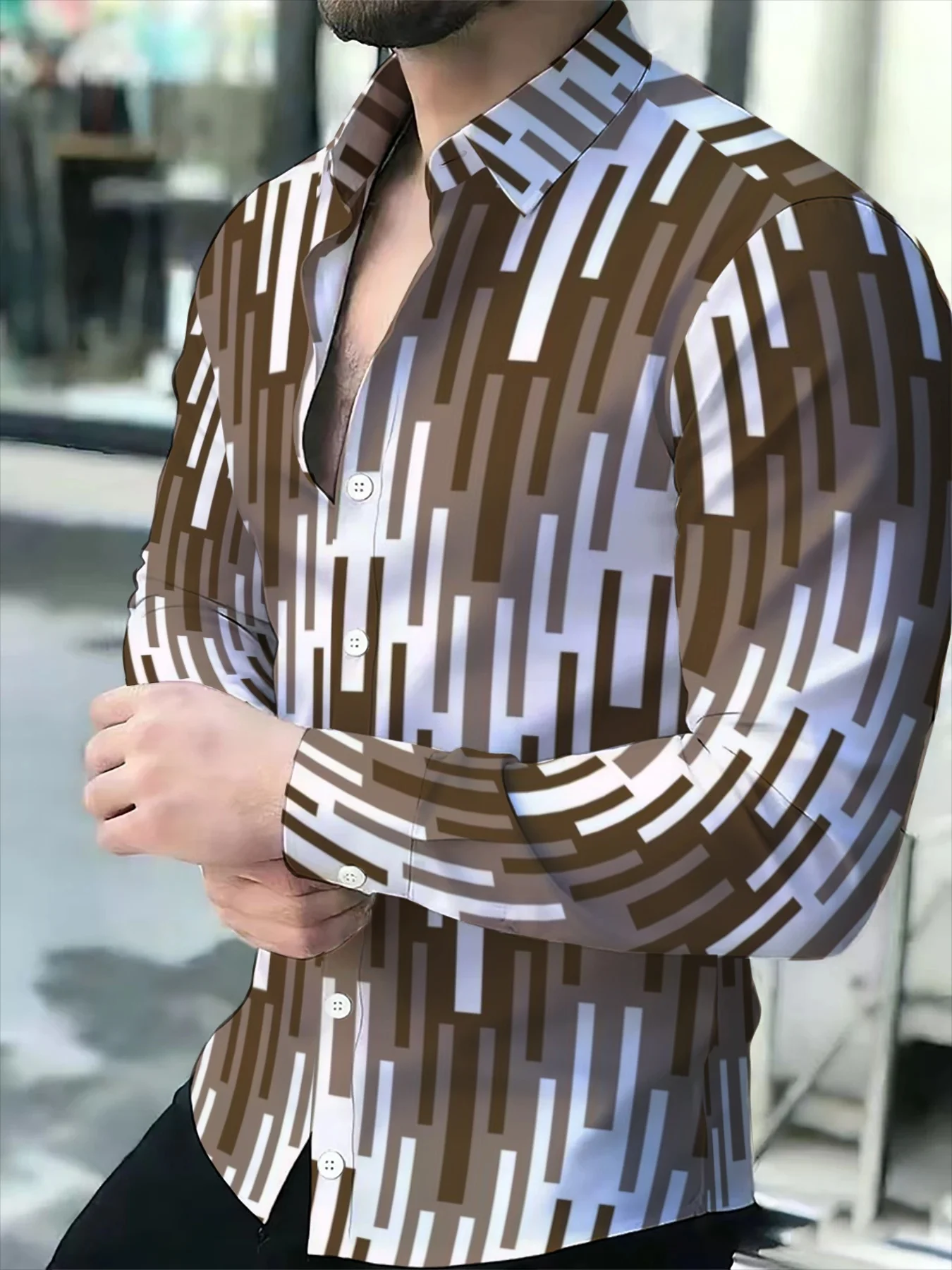 Men's Long Sleeve Shirt Autumn Brown White Geometric Stripe Print Lapel Button‑Up Casual Fashion Streetwear Men Clothing