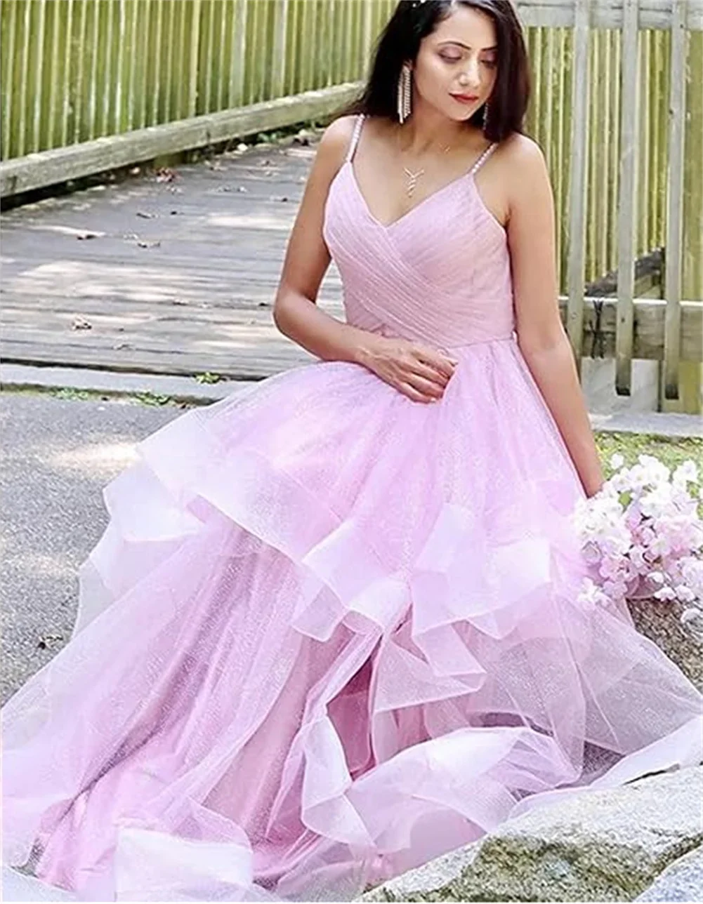 Customized V Neck Glitter Tulle Long Prom Dresses Spaghetti Straps Ball Gown For Women Puffy Tiered Formal Evening Party Dresses