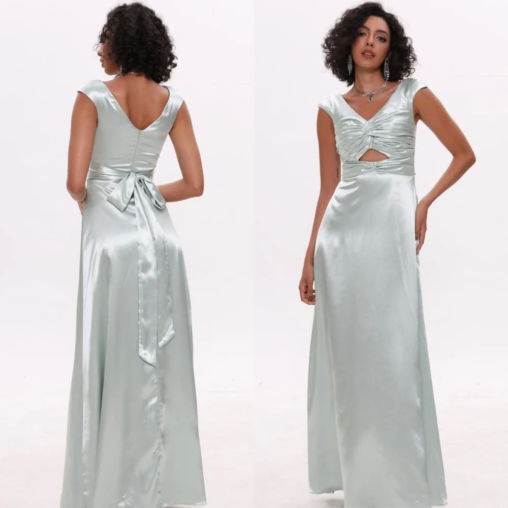 

Customized Simple Satin Celebrity Gowns Elegant V-Neck Sleeveless Evening Dress Exquisite Sweep Train Special Occasion Gowns