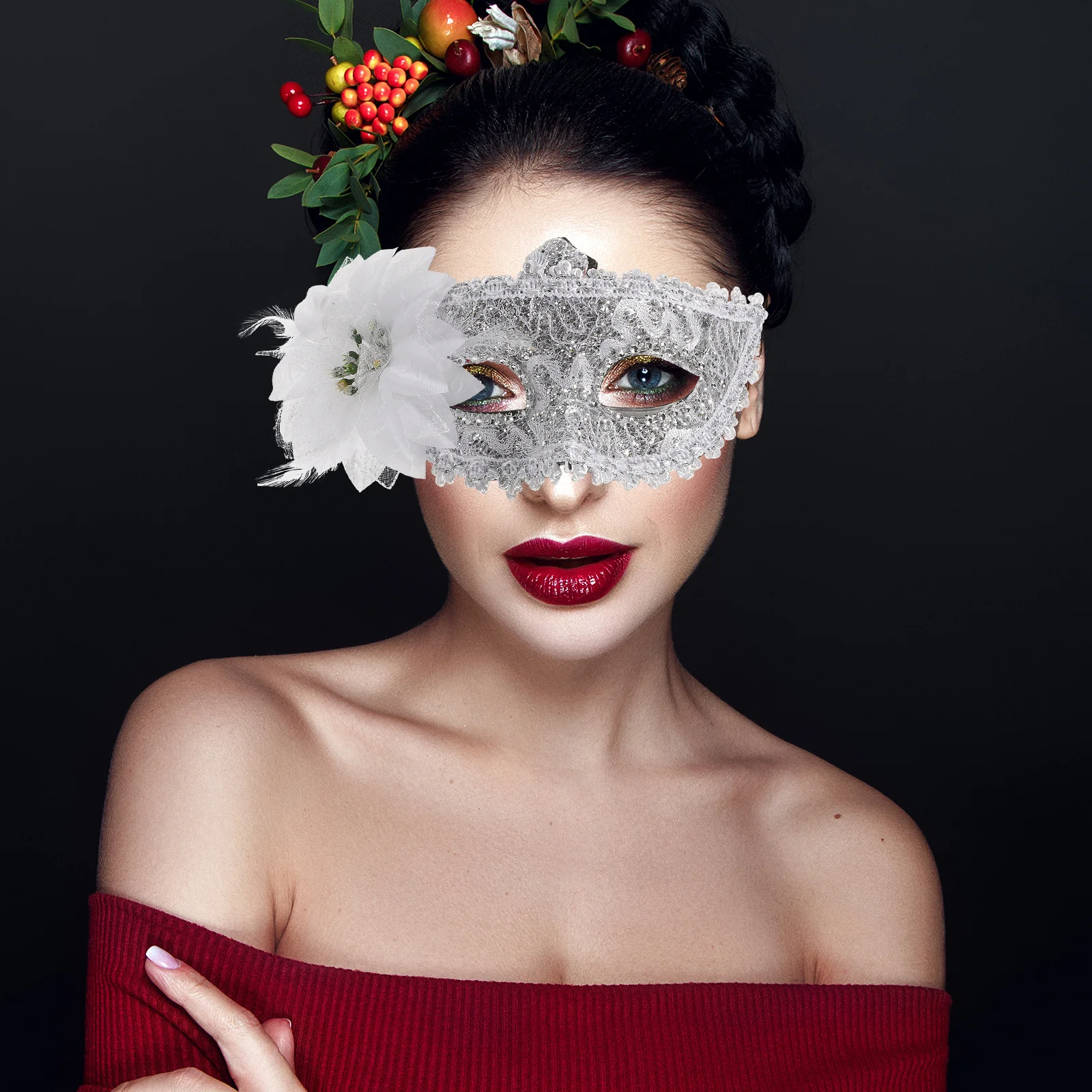 Elegant Flower Crystal Venetian Lace Face For Halloween Masquerade Costume Party Durable Hard Plastic Mask With