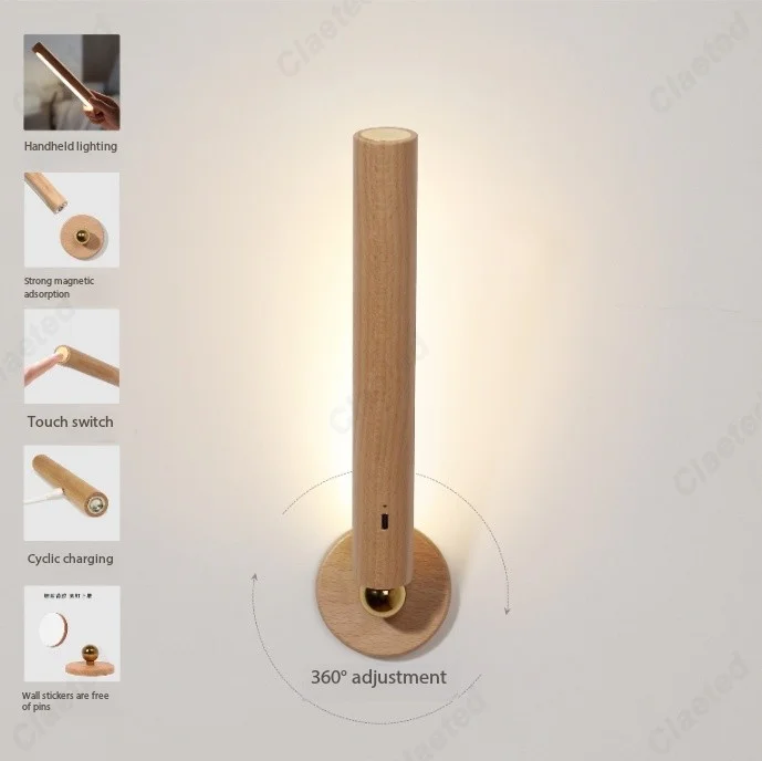 LED Wiring-free Wooden Charging Wall Lamp Magnetic Touch Dimming Living Room Corridor Corridor Bedroom Bedside Lighting Lamps
