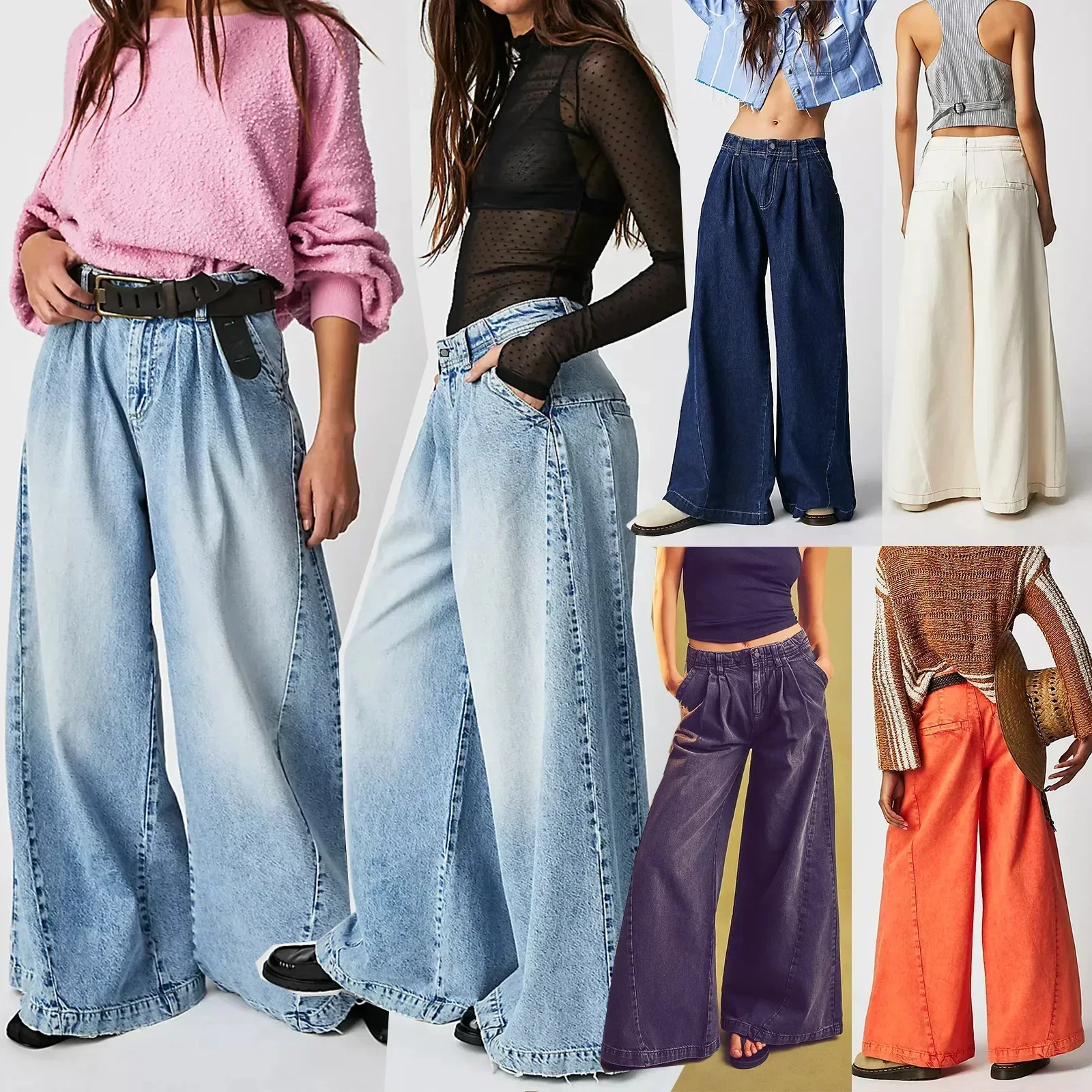 

Floor Length Pant Women Jeans Denim Wide Leg Pants Straight Trousers Casual Loose Elegant Splice Solid High Waist Autumn Winter