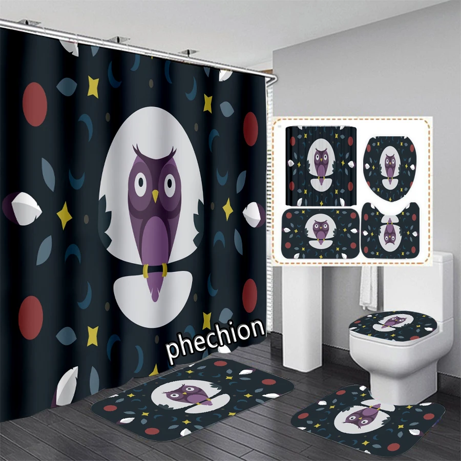 New Cartoon Owl 3D Print Shower Curtain Waterproof Bathroom Curtain Anti-slip Bath Mat Set Toilet Rugs X23