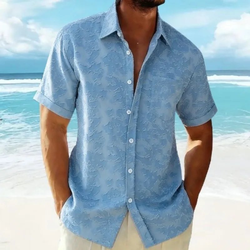 

Мужская текстурированная рубашка с коротким рукавом на пуговицах, повседневная летняя пляжная гавайская рубашка