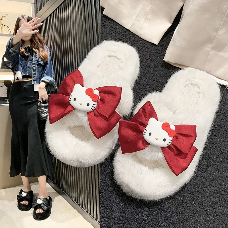 Sanrio Hello Kitty bow cute cartoon slippers women's new autumn and winter versatile outer wear comfortable platform plush shoes