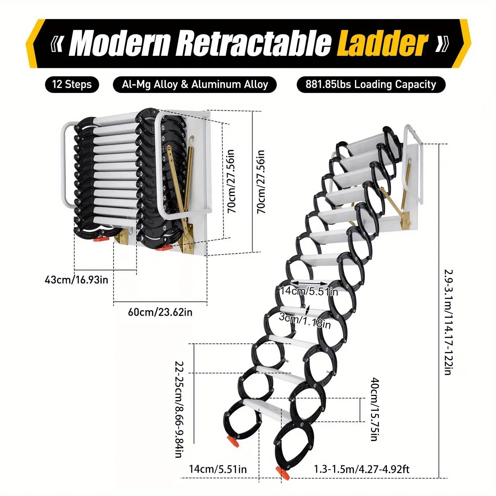 سلم عطري أسود مثبت على الحائط بطول 10.17 قدم 882 رطل: سلالم علوية قابلة للطي بـ 12 خطوة للاستخدام الثقيل