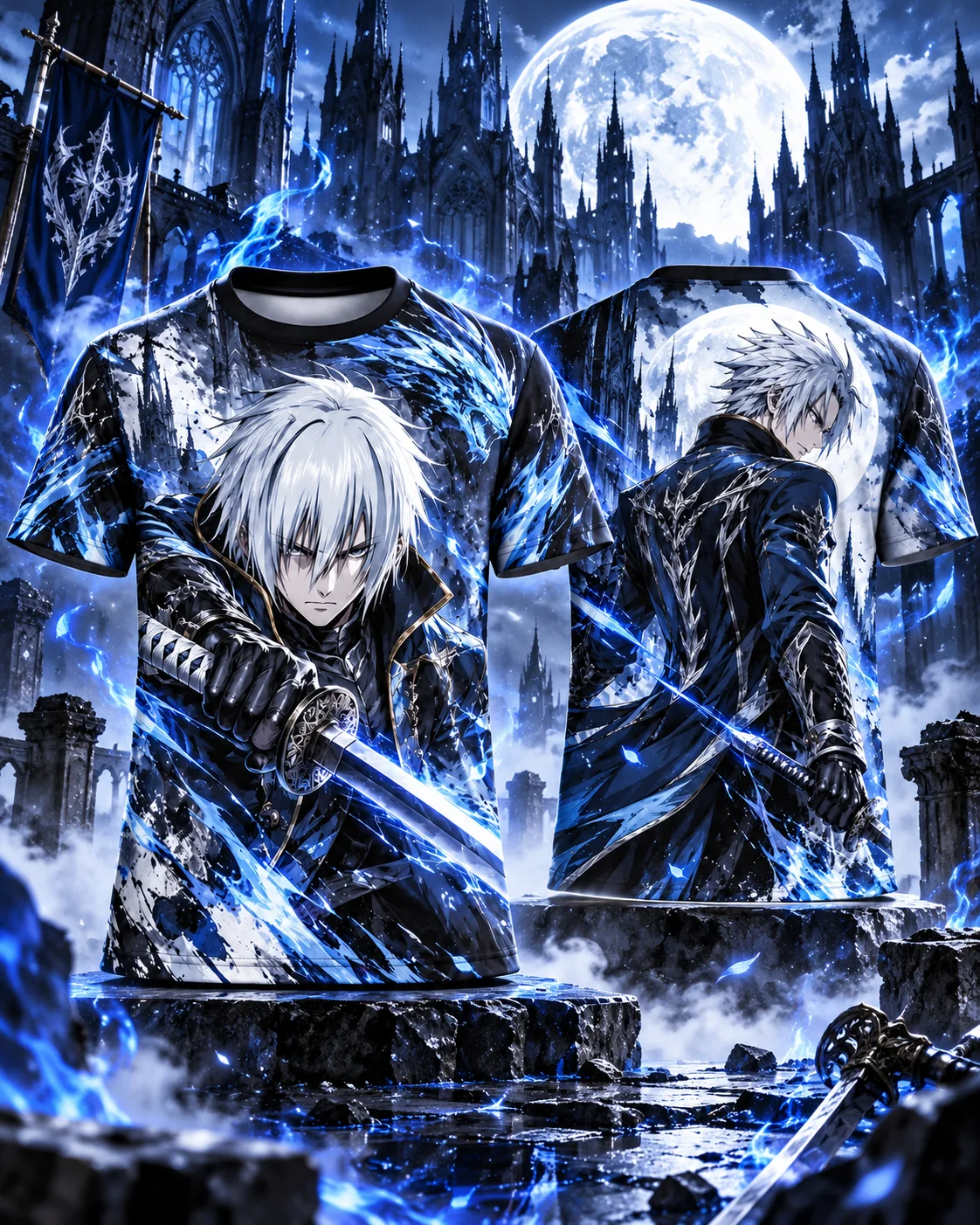 Men's 3D Anime Graphic T-Shirt, White Hair Swordsman Print, Gothic Blue Red Flame Short Sleeve Tee