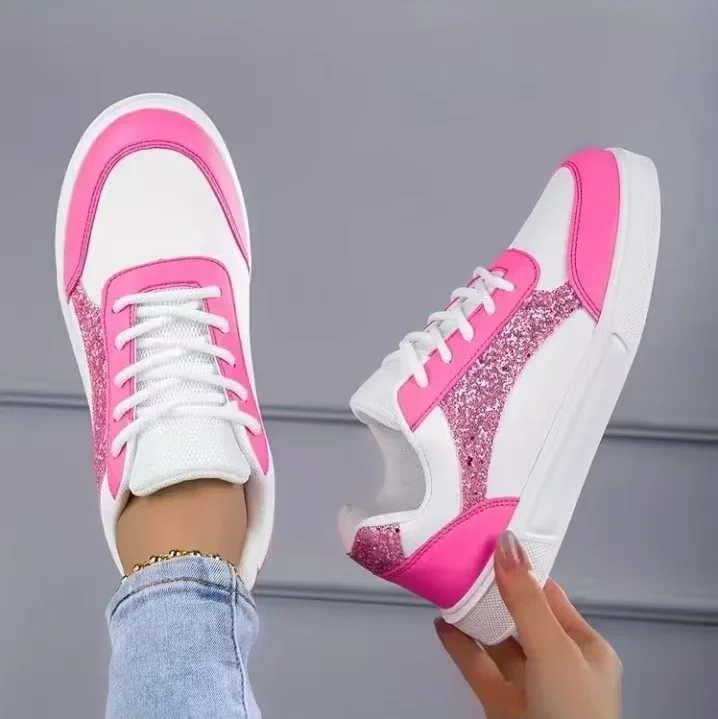 Women Glitter Skate Shoes Pink White Color Matching Sneakers Fashion Lace-up Casual Flat Walking Shoes Ladies Daily Streetwear F view 3