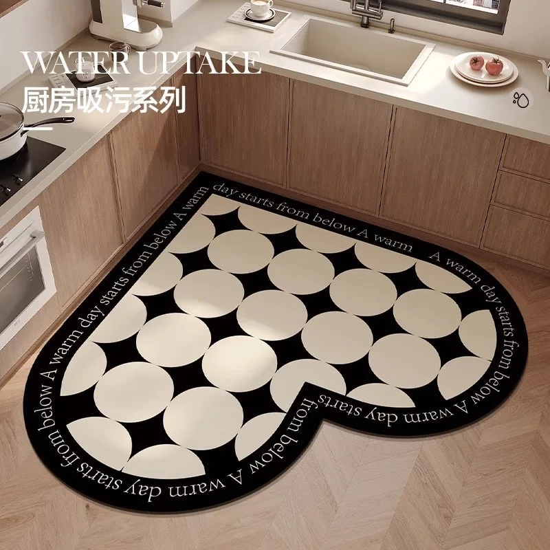 VIKAMA 1PC French Light Luxury Heart-Shaped Kitchen Floor Mat With Diatomaceous Mud For Easy Care Waterproof Non-Slip Carpet